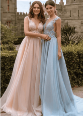 Vivien | A Line Lace Embroidered Light Pink Tulle Maxi Bridesmaid Dress with V - Neck - Price #price_variant_lowest# - Light Pink - PromDressClub